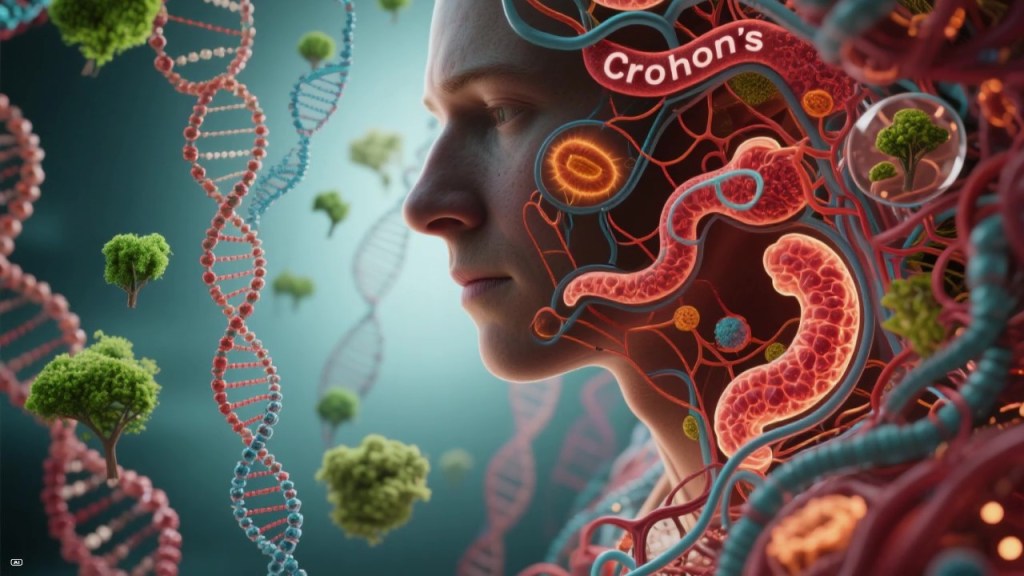 “3D medical illustration showing human digestive system and DNA strands related to Crohn’s disease.”