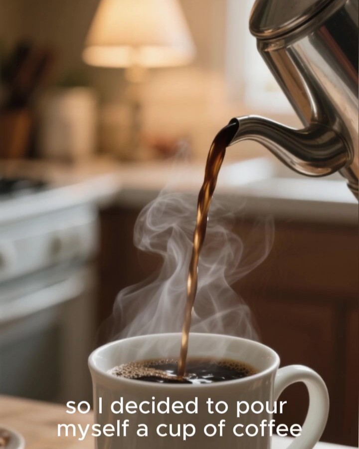 A steaming cup of coffee being poured in a cozy kitchen.