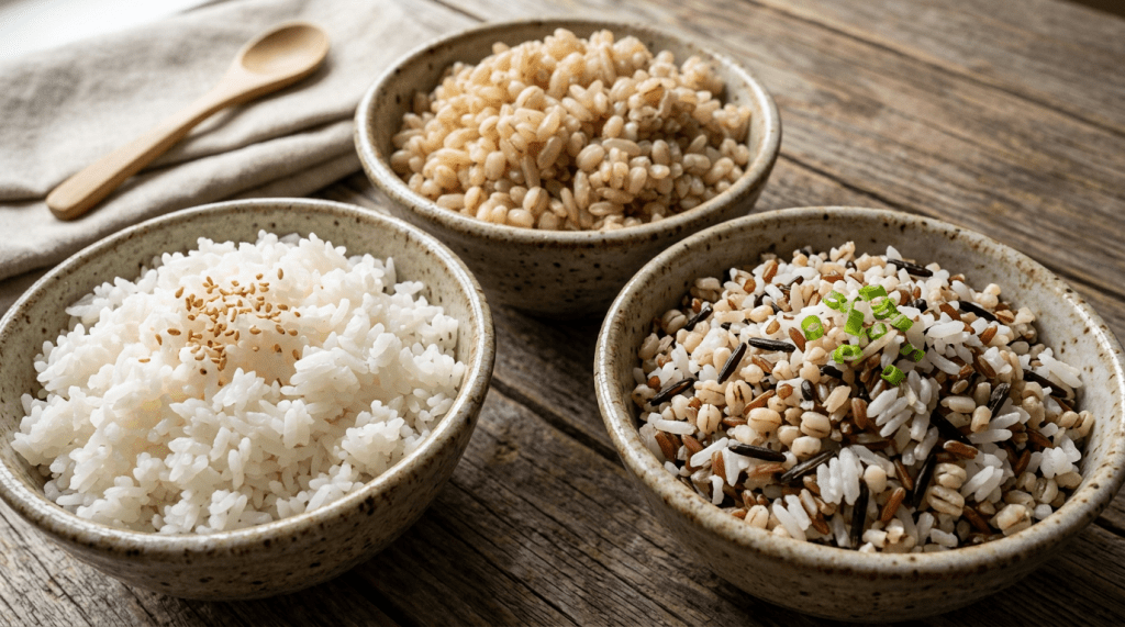 Three bowls with cooked white rice, brown rice, and mixed grain rice topped with green onions and sesame seeds.